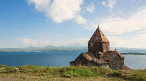Timelapse of the famous Church on the coast of the Sevan Lake, Armenia Stock Footage 65209980