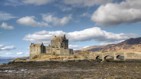 Timelapse of the famous Eilean Donan Castle in the Scottish Highlands. Stock Footage 36796421