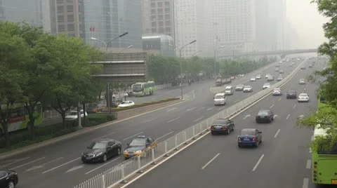 Timelapse Fast motion of Heavy traffic in Beijing in foggy day, China Stock Footage 12036137