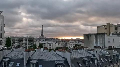 Timelapse Fast Moving Clouds Over Eiffel Tower Paris Dramatic Overcast Sky View Stock Footage 335318631