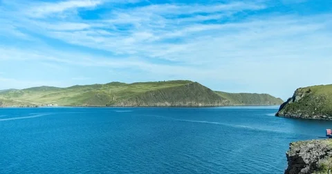 Timelapse. Ferries run between the mainland and the island Olkhon in lake baikal Stock Footage 78596335