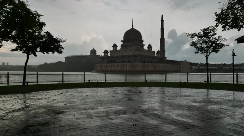 Timelapse of floating Mosque in rainy day from the garden Stock Footage 57908342