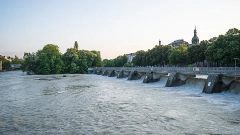 Timelapse of the flood waters in Munich with Isar river risen sharply after Stock Footage 158254066