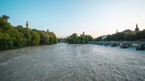 Timelapse of the flood waters in Munich with Isar river risen sharply after Stock Footage 158254075