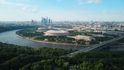 Timelapse flying towards big modern stadium above the river Moskva. Stock Footage 90285664