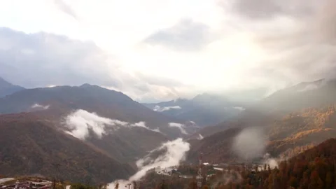Timelapse. Fog and cloudy, cloudy weather in the afternoon in the mountains. Stock Footage 166527706