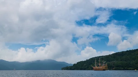 Timelapse footage of clouds moving over lake Ashi in Hakone, Japan Stock Footage 118485204