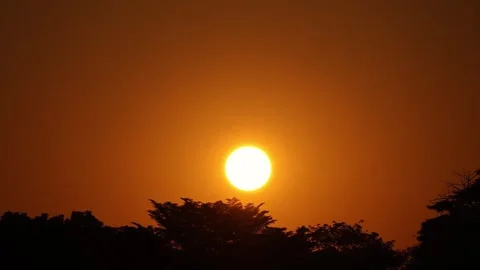 Timelapse footage of gorgeous bright sun rising on the orange-gold sky Stock Footage 306314966