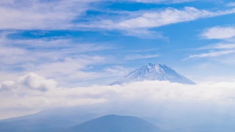 Timelapse footage of moving clouds over Mount Fuji on a sunny day, Yamanashi Stock Footage 121939645