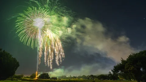 Timelapse of Fourth of July Fireworks Display with lots of smoke Stock Footage 128972794