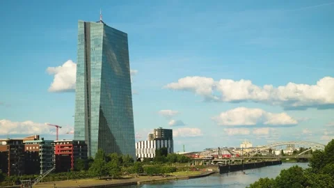Timelapse of Frankfurt’s skyline with ECB tower and calm river in summer light Stock Footage 310070060