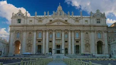 Timelapse of front of St. Peter's Basilica in Vatican at sunny day. Rome, Italy Stock Footage 308639275