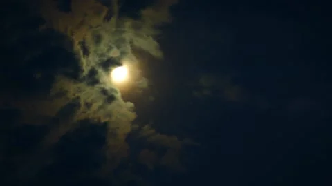 Timelapse of full moon, dark dramatic clouds in night sky, anamorphic time lapse Stockbeeldmateriaal 196904775