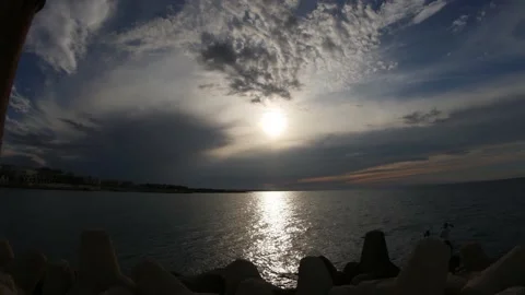 Timelapse Giovinazzo Clouds Sunset New Port Beach Summer Fish Eye  Stock Footage 146540647