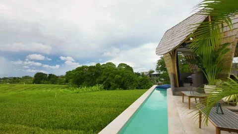 Timelapse of a green paddy fields beside a small modern pool with a hut Stock Footage 237747249