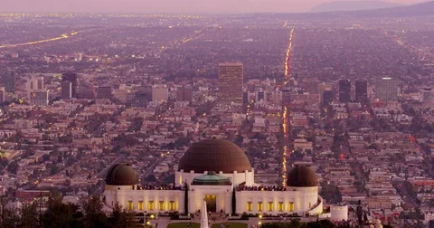 Timelapse of The Griffith Observatory and LA skyline in the distance in Los Stock Footage 81552601