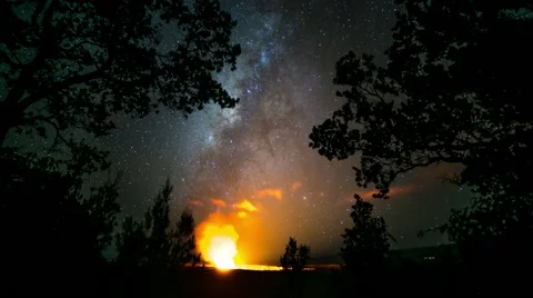 Timelapse of Halemaumau Crater framed by trees with Milkyway Stock Footage