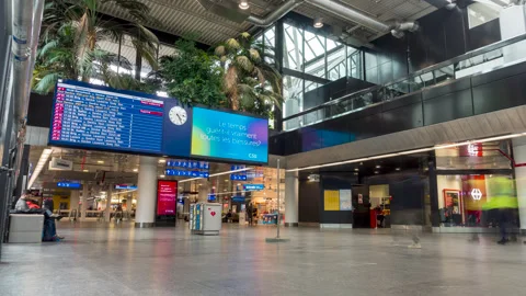 Timelapse of the hall of the train station at the Geneva airport Stock Footage 249391321