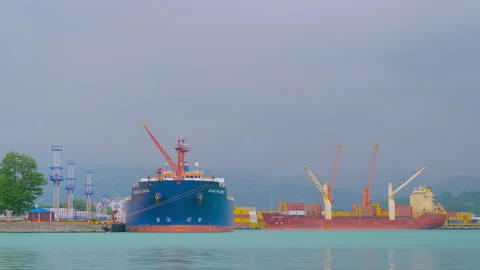 Timelapse: harbor cranes during unloading of a cargo ship in the Batumi seaport 스톡 동영상 339685352