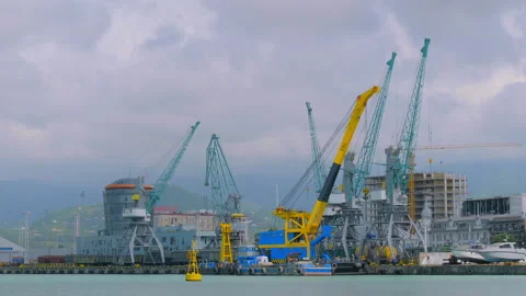 Timelapse: harbor cranes during work in the Batumi sea port Stock Footage 339684756