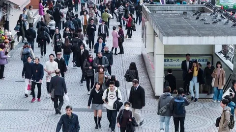 Timelapse high-angle shot of people walking on walkway in Shinjuku area, Tokyo Stock Footage 82765834