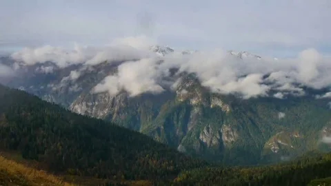 Timelapse of high snowly mountains with clouds and spruce forest 스톡 동영상 69154230