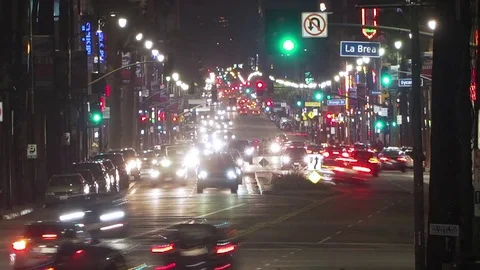 Timelapse of hollywood blvd at night, long lens traffic Stock Footage 84187408
