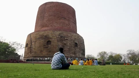 Timelapse of holy sarnath sputa filled with buddhist devotee at evening at Stock Footage 313707720
