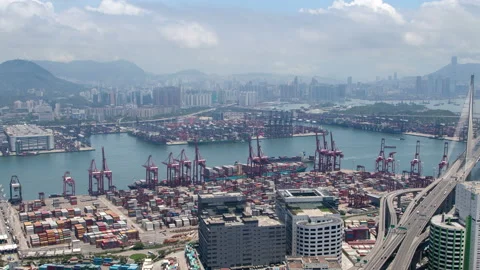 Timelapse Hong Kong cargo container terminal with red cranes Stock Footage 118549204