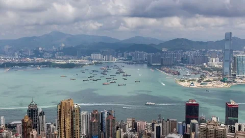 Timelapse of Hong Kong View from the Mountain Peak,Aerial view,Landmark view, Stock Footage 81189290