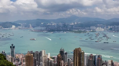 Timelapse of Hong Kong View from the Mountain Peak,Aerial view,Landmark view, Stock Footage 81189346