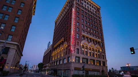 Timelapse of hotel building at twilight in downtown Los Angeles California Stock Footage 240745859
