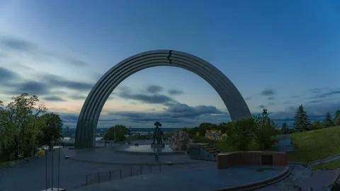 Timelapse of Huge Arch Monument Made From Steel In Kyiv City Stock Footage 192457945