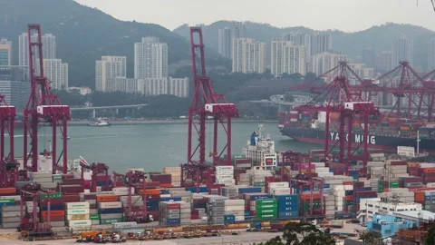 Timelapse huge cranes load large cargo vessel in Hong Kong 스톡 동영상 118549031