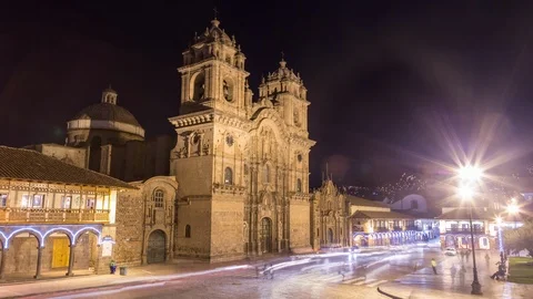 Timelapse hyperlapse of Cuzco Cathedral in Peru at night Stock Footage 96347242