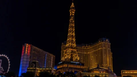 Timelapse Hyperlapse of Las Vegas Strip, Replica of Eiffel Tower in Front Stock Footage 127644714