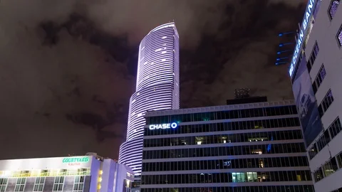 Timelapse hyperlapse at night of Miami Tower skyscraper building in Brickell Stock Footage 100839546