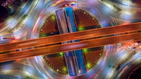 Timelapse hyperlapse rotate aerial of a circle intersection at night. Stock-Footage 120559703