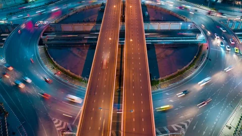 Timelapse Hyperlapse rotate aerial of a circle intersection at night. 4K Prores  Stock Footage 123121629