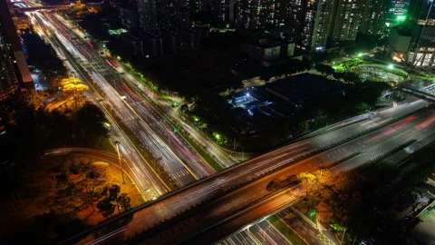 Timelapse illuminated overpass road over highway in Shenzhen Stock Footage 118760776