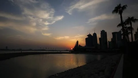 Timelapse image of sunset at Doha cityscape, Qatar. Stock Footage 151602706