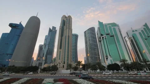 Timelapse image of sunset at Doha cityscape, Qatar. Stock Footage 151602921