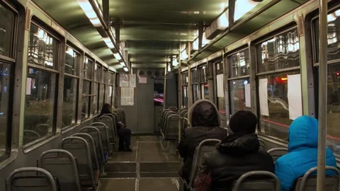 Timelapse inside an old tram in a Russian city in the evening of a cold winter Stock Footage 152879033