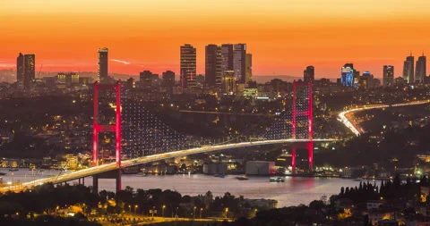 Timelapse of Istanbul Bosphorus Bridge at Sunset, traffic lights, city skyline Stock Footage 201341124
