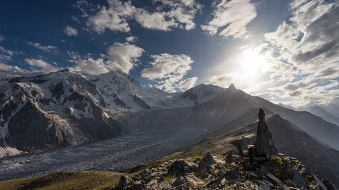 Timelapse of Karakoram mountain range view from top of Patundas peak at sunset Stock Footage 111806427