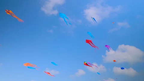 Timelapse: kites are flying in the blue sky during summer outdoor festival Stock Footage 340448869