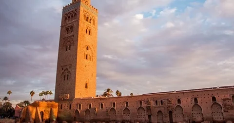 Timelapse Koutoubia Mosque in Marrakech at sunset on background of clouds Stock Footage 72255418