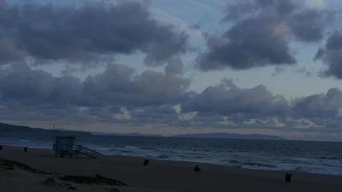 Timelapse LA Beach Lifeguard Tower Wide Storm Clouds Stock Footage 100375019