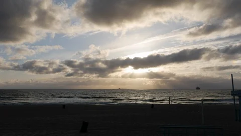 Timelapse LA Beach Sun Breaking Through Clouds Stock Footage 100374983