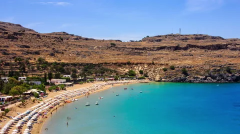 Timelapse Lagoon and beach of Lindos in Rhodes, top view Stock Footage 64796012